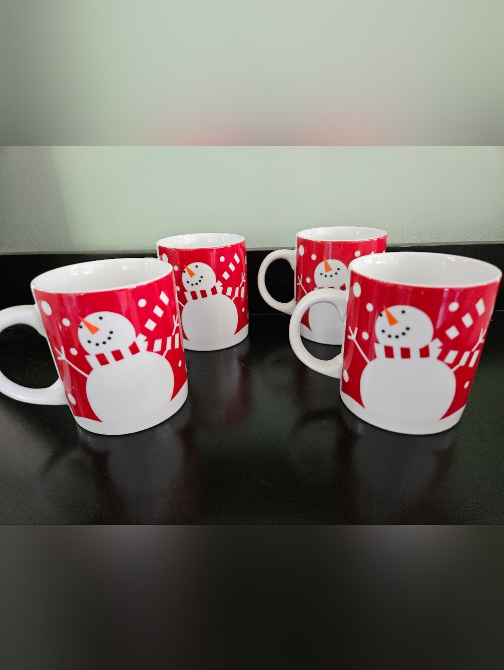 Holiday Snowman Ceramic Mug - Red and White - Set Of 4